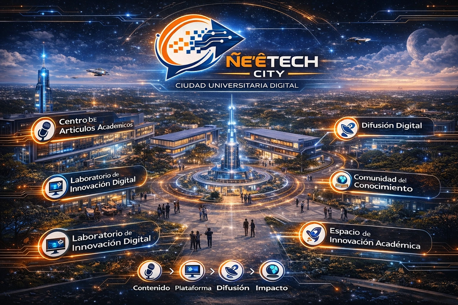 Ilustración conceptual de ÑE’ÊTECH City, una ciudad universitaria digital