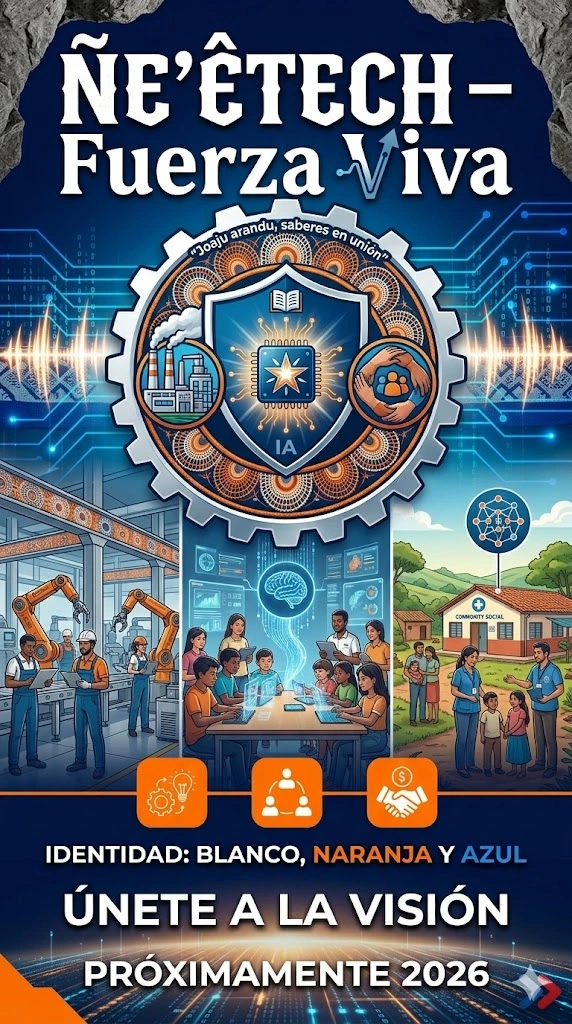 Afiche ÑE’ÊTECH: Fuerza Viva, identidad blanco naranja y azul